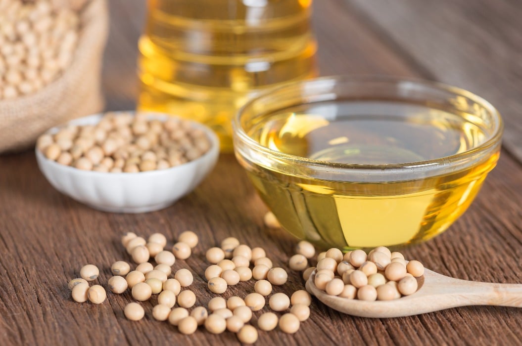 Soybean oil and Soybean on wooden table.